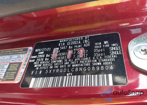 2022 Kia Sorento Lx z USA, uszkodzony, nr VIN 5XYRGDLC8NG089804